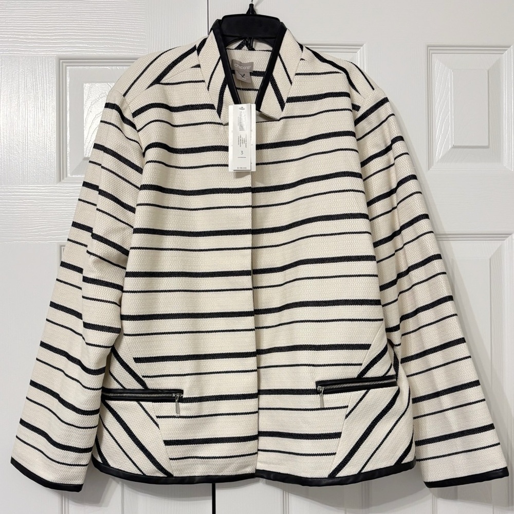 NWT Chico's Crossover Jacket In Striped Ecru & Black Women's Size 16/18